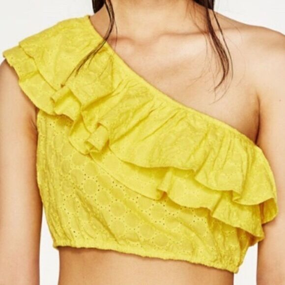 Zara One Shoulder Yellow Crop Top - Picture 2 of 4